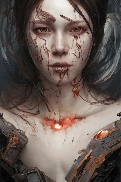 Prompt: Portrait of beautiful Ultra realistic illustration, frightened female cyborg,scarred face ,cyberpunk, sci-fi, fantasy, intricate, elegant, highly detailed, digital painting, artstation, concept art, smooth, sharp focus, illustration, art by Yintion J , Jiang Geping and artgerm and greg rutkowski and alphonse mucha.