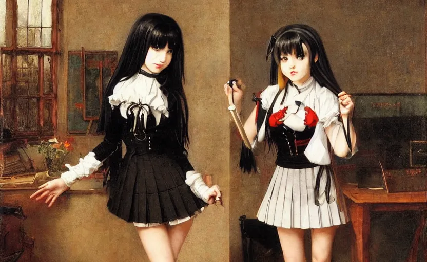 Prompt: school girl in gothic dress misa amane, school uniform, seifuku, pleated miniskirt, overknee socks, battle angel alita. by rembrandt 1 6 6 7, illustration, by konstantin razumov