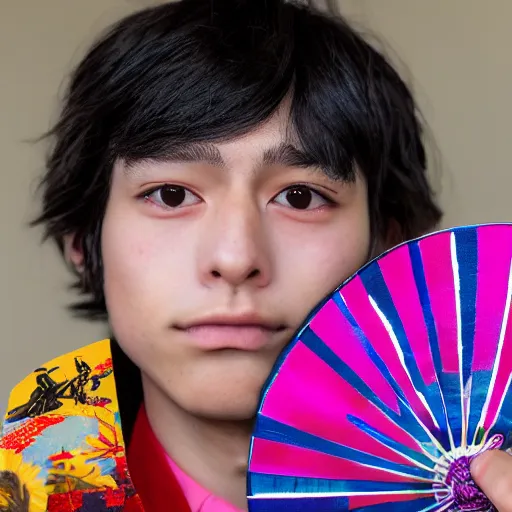 Image similar to teenager boy with straight indigo hair, purple eyes with red eye markers, slim body, wearing a detailed Japanese kimono, holding a japanese fan, Super-Resolution, HSL, 2-bit, VR, Uniform, Nano, Senary, RTX, insanely detailed and intricate, hypermaximalist, elegant, ornate, hyper realistic, super detailed, full body, full body shot, full image