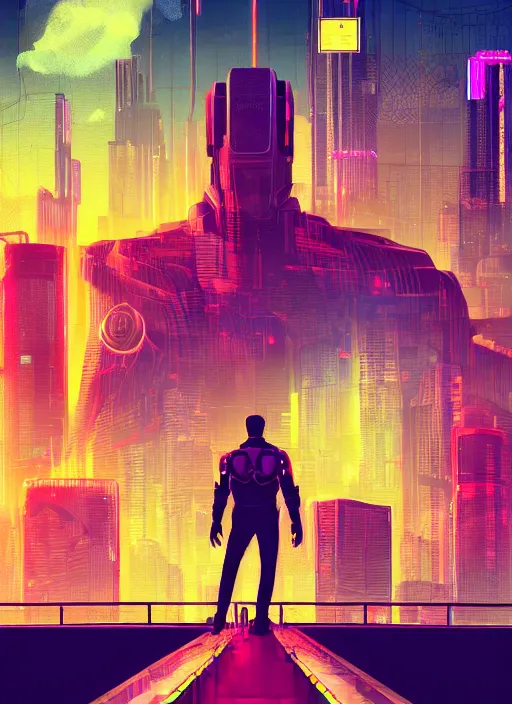 Image similar to Panfuturism cyberpunk art of a man standing on top of a bridge over a city, by Reuben Tam, Artstation contest winner, synthwave, retrowave, 2d game art