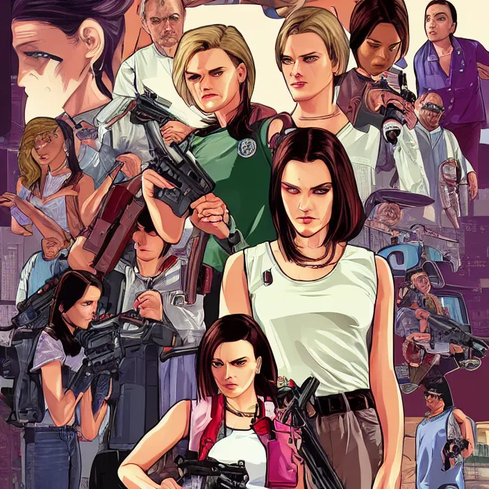 Image similar to female protagonists in gta, cover art by stephen bliss, boxart