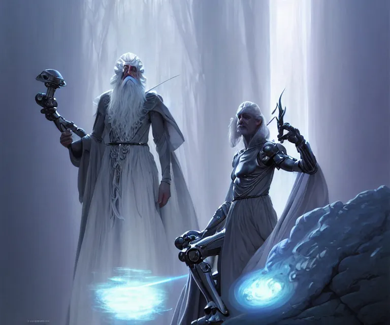 Image similar to beautiful fantasy character portrait, gandalf the grey, seductive reclining pose, futuristic chrome drones, ultra realistic, dramatic lighting, robots, the fifth element artifacts, highly detailed by peter mohrbacher, hajime sorayama, wayne barlowe, boris vallejo, aaron horkey, gaston bussiere, craig mullins