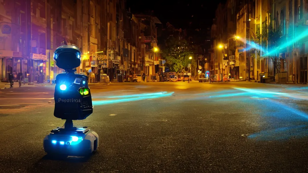 Prompt: a night shot of a police robot guarding a street. bloom light effects.