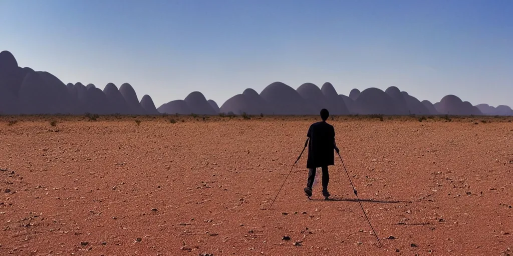 Image similar to of a photography of a man on walking on a desert with giant ants, with blue light dark blue sky, long cloths red like silk, ants are big and they shine on the sunlight, there are sand mountains on the background, a very small oasis on the far distant background along with some watch towers, ants are perfect symmetric insects, man is with black skin, the man have a backpack, the man stands out on the image, the ants make a line on the dunes, the sun up on the sky is strong, the sky is blue and there are some clouds, its like a caravan of a man guiding many ants on the dunes of the desert, colors are strong but calm, volumetric, detailed objects, Arabica style, wide view, 14mm,