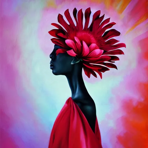 Image similar to huge flower as head, woman standing in a luxury apartment, surreal photography, dramatic light, impressionist painting, digital painting, artstation, georgia o'keeffe