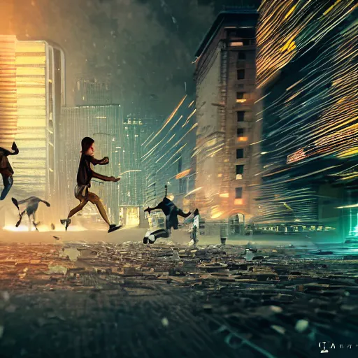 Prompt: bunch of people running away from a bitcoin giant in the city, hyper detailed, trending on artstation, cinematic composition hdr, 8 k, beautiful lighting, sharp details, digital illustration