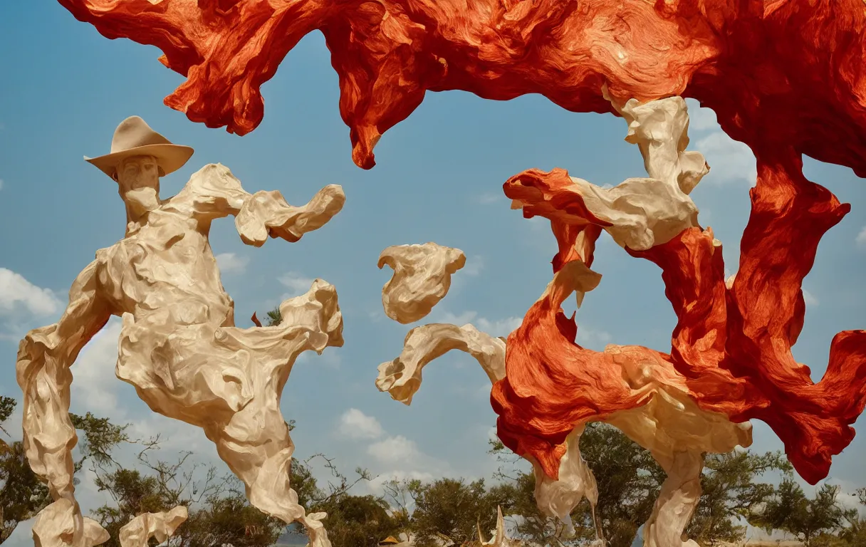 Image similar to a cowboy turning into blooms by slim aarons, by zhang kechun, by lynda benglis. tropical sea slugs, angular sharp tractor tires. complementary colors. warm soft volumetric dramatic light. national geographic. 8 k, rendered in octane, smooth gradients. sculpture by antonio canova. red accents.