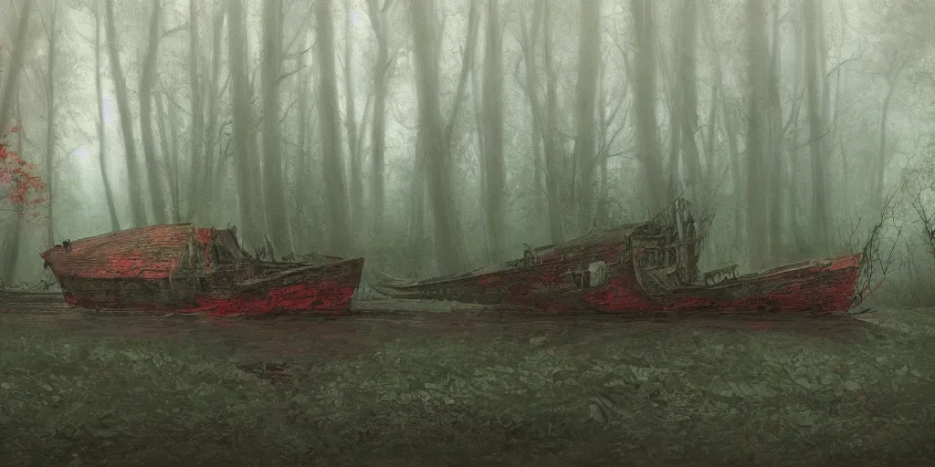 Image similar to an old broken ship in an autumn forest, green and red tones, by Aron Wiesenfeld and beksincki, cinematic, detailed illustration, nature, fog, dark colors, suspense, intricate, 8k