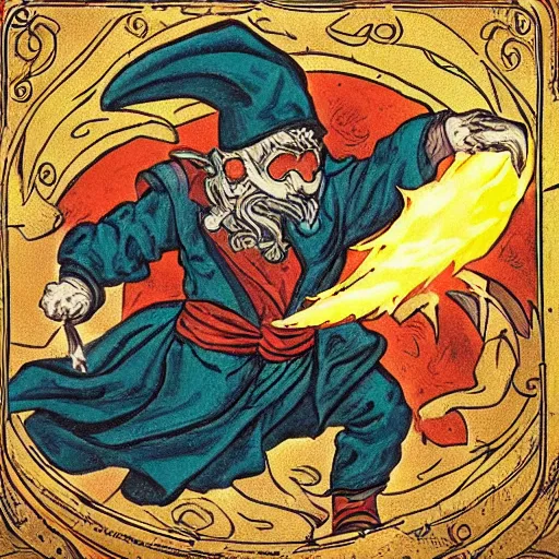 Prompt: wizard in battle throwing an exploding phoenix at his enemies