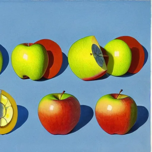 Prompt: apple slices on a blue background, chesley bonestell, vincent di fate