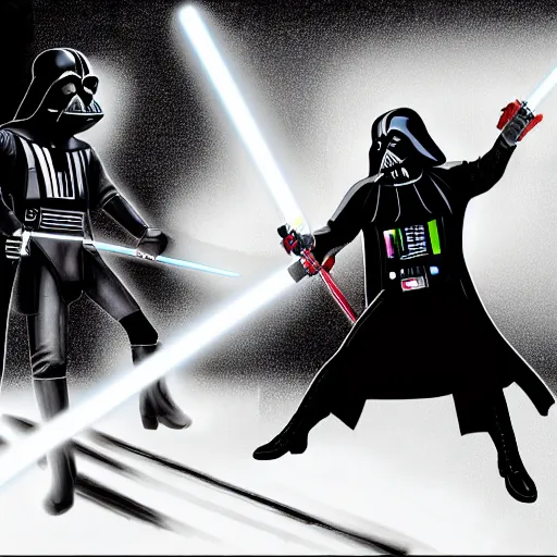 Image similar to putin vs darth vader lightsaber battle digital art