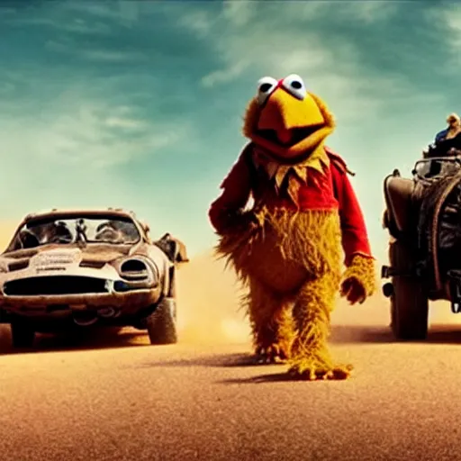 Image similar to a film still of muppets in 'Mad Max: Furry Road' (2015)