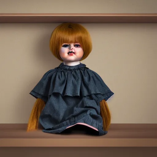 Image similar to creepy doll sitting on shelf, staring at camera, 8 k, photorealistic, dark