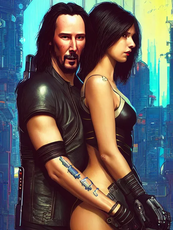 Image similar to a cyberpunk 2077 couple portrait of Keanu Reeves & female android in final kiss,love,by Laurie Greasley,Lawrence Alma-Tadema,Dan Mumford,artstation,deviantart,FAN ART,full of color,Digital painting,face enhance,highly detailed,8K,octane,golden ratio,cinematic lighting