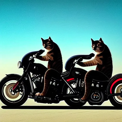 Prompt: cats on Harley Davidsons on the highway, cinematic masterpiece, beautiful lighting