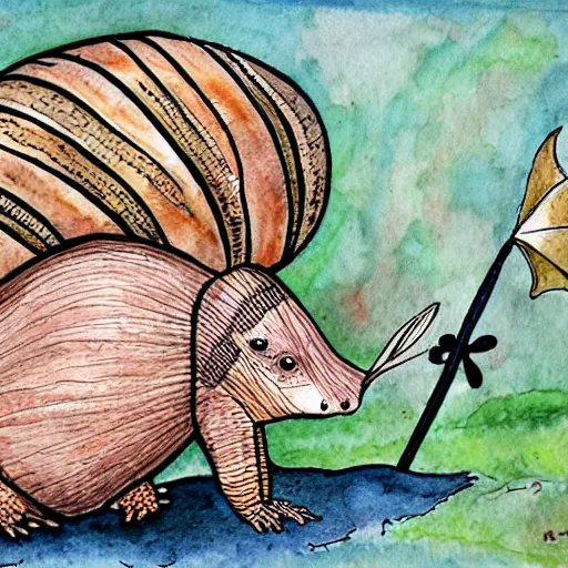 Prompt: armadillo reading the bible children's storybook illustration, ink and watercolor