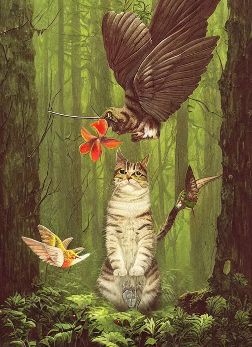 Image similar to a hyper realistic illustrated cat with playing with a hummingbird on its paw in the woods gorgeous lighting, lush forest foliage painting by chiara bautista and beksinski and norman rockwell and greg rutkowski weta studio, and lucasfilm