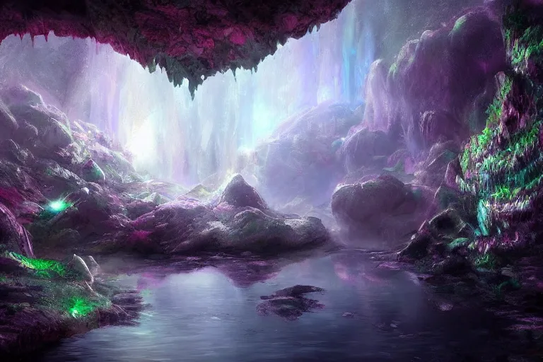 Prompt: beautiful stunning painting of a deep mysterious foggy rocky cave landscape filled with large magic glowing crystals and a small reflective pond, fantasy, digital art, volumetric light, realism, trending on artstation