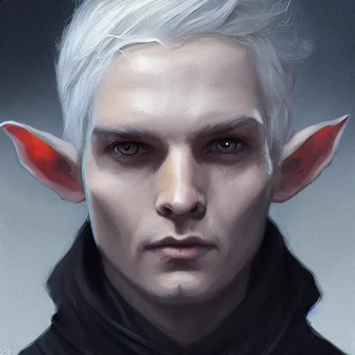 Image similar to portrait of an elf in a black cloak, male, silver hair, glowing eyes, detailed face, highly detailed, cinematic lighting, digital art painting by greg rutkowski.