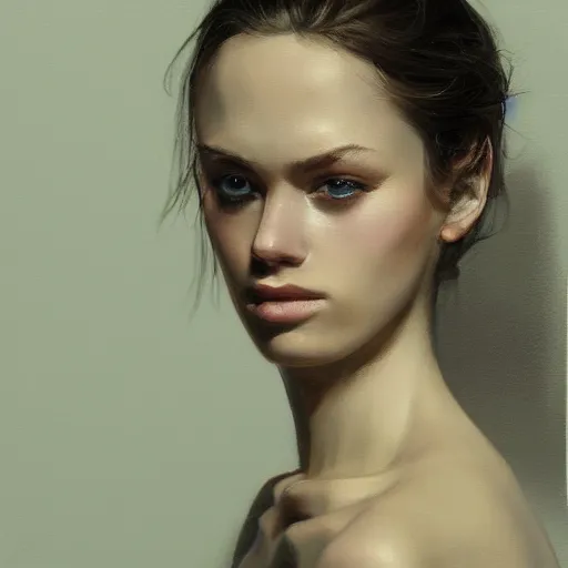 Image similar to a young woman, dramatic lighting, chiaroscuro, high detail, painted by roman chaliy, trending on artstation