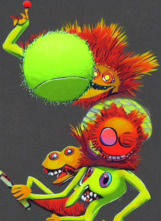 Prompt: tennis ball monsters playing tennis, a tennis ball monster ,tennis ball, funny, digital art, fantasy, magic, trending on artstation, ultra detailed, professional illustration,chalk, poster artwork by Basil Gogos , clean