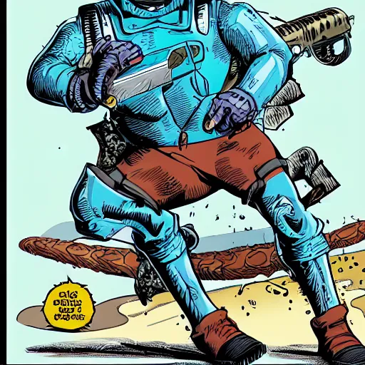 Image similar to armadillo with chainsaws fighting mr. freeze, comic book style