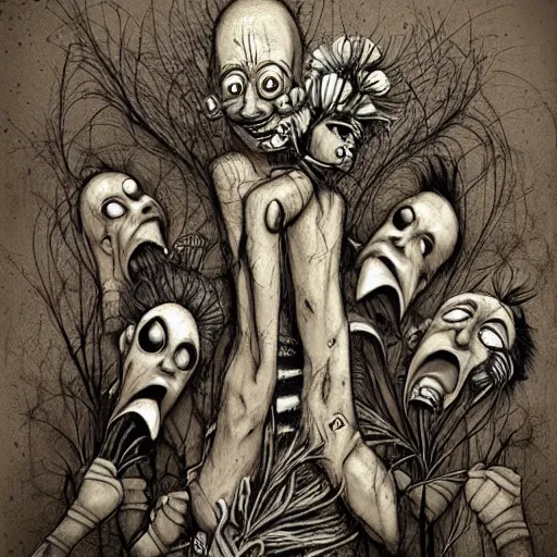 Prompt: surrealism grunge cartoon sketch of a human centipede with a wide smile holding flowers by - michael karcz, loony toons style, horror theme, detailed, elegant, intricate