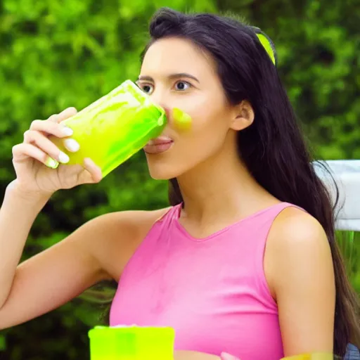 Image similar to A cute, lime green transparent slimegirl drinking from a can of lemon lime soda