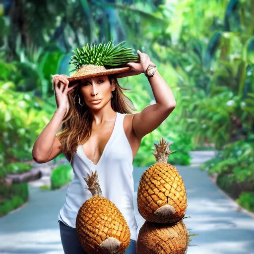 Image similar to j - lo, with two coconuts and a pineapple as a hat, professional photography, photoshop