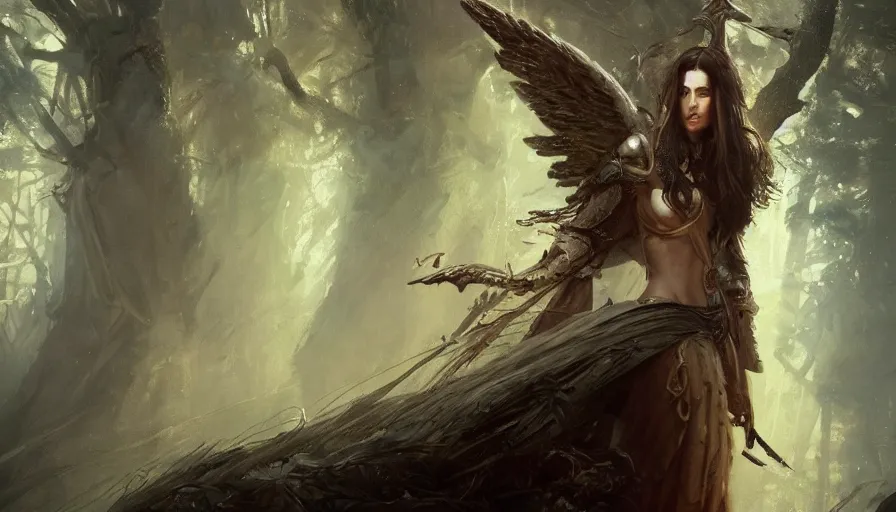 Image similar to A beautiful detailed painting of jennifer connelly as a female angel warrior reigns on a magical forest by greg rutkowski and Kalin Popov , Trending on artstation HD.