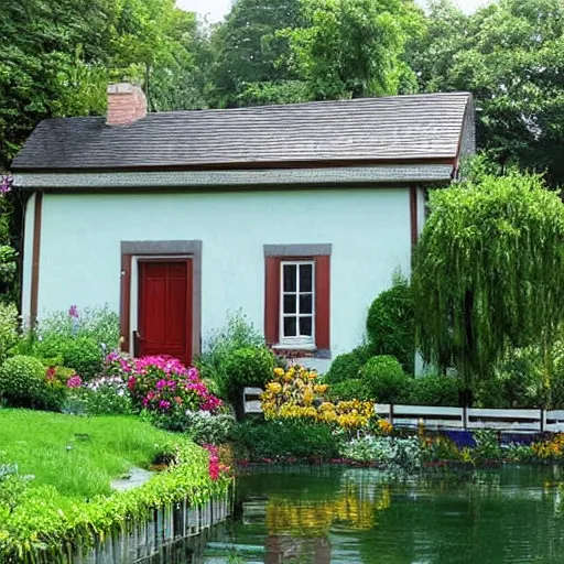 Image similar to A beautiful cottage with a lush front yard, with a flower patch and a flowing river in the style of Monet