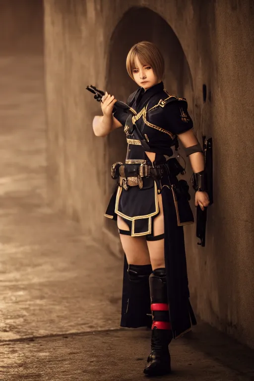 Image similar to a beautiful female guard from final fantasy shyly posing on camera, symmetrical, cinematic, elegant, dawn light, real dlsr photography, sharp focus, 4 k, ultra hd, sense of awe