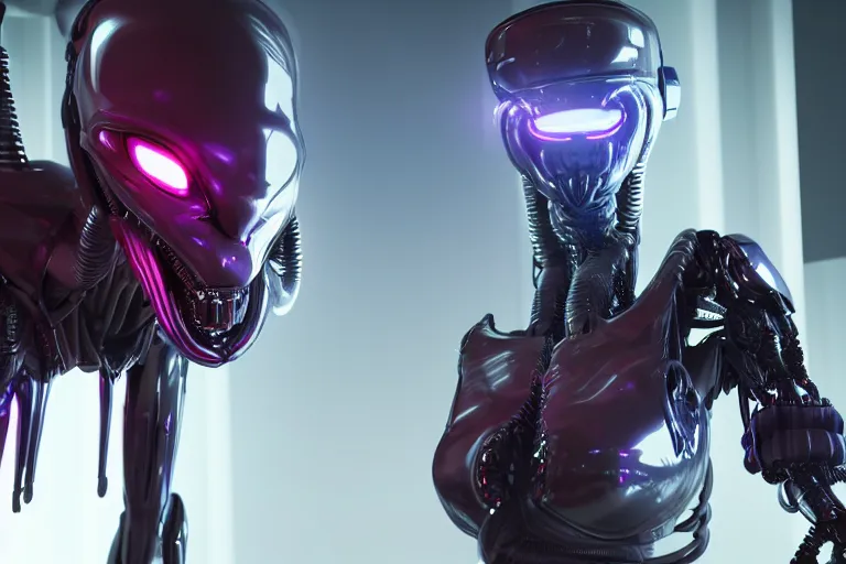 Image similar to cyberpunk alien concept inspired robot, futuristic look, highly detailed body, very powerful, photorealistic camera shot, bright studio setting, studio lighting, crisp quality and light reflections, unreal engine 5 quality render