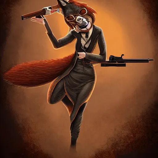 Prompt: a beautiful, dynamic illustration of an anthropomorphic fox - woman running and gunning with a winchester rifle, wild west theme, focal depth, highly detailed digital art, trending on artstation, 8 k,