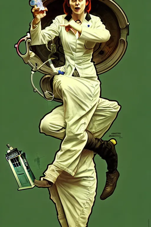 Image similar to doctor who, woman, as a mad dentist, on a plain green background, art by artgerm and greg rutkowski and alphonse mucha