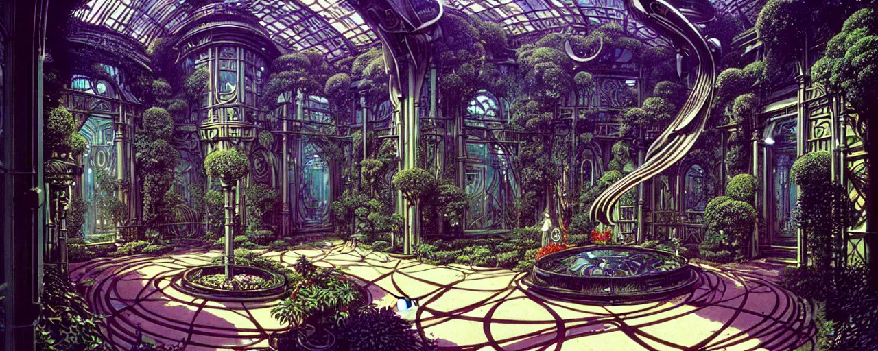 Image similar to a luxurious scifi futuristic victorian garden courtyard by killian eng, moebius, philippe druillet