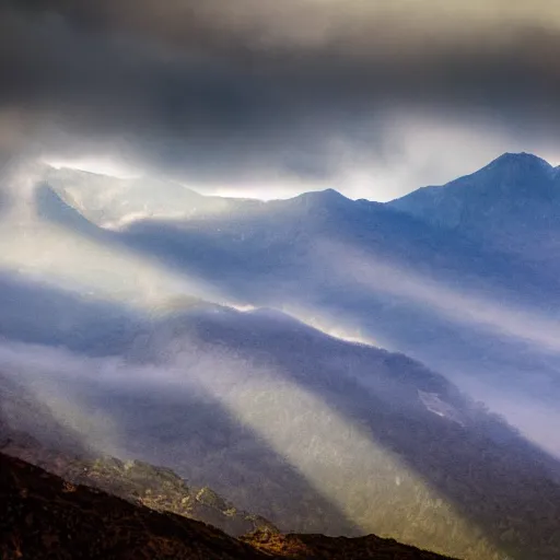 Prompt: mountains made of light under a bright cloudy sky, grainy photograph