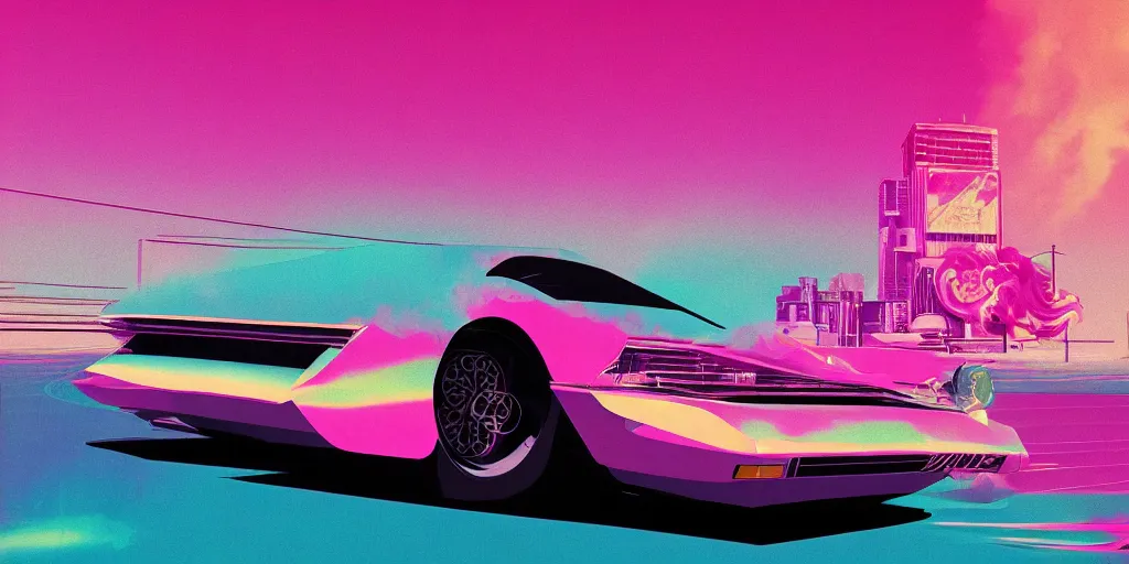 Prompt: vaporwave Ferrari 1970s glitch art, cgsociety, trending on artstation, industrial light and magic, masterpiece