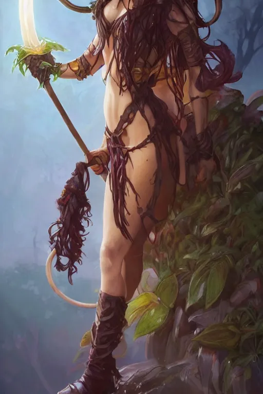 Image similar to cute Tiefling Druid with long horns, colorful leaves on light leather armor, holding tree staff, ,demon tail light-brown skin, highly detailed, digital painting, artstation, concept art, sharp focus, illustration, art by artgerm and greg rutkowski and alphonse mucha