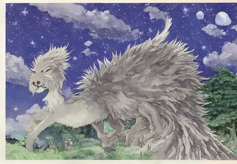 Prompt: a hyperrealist watercolor concept art from a studio ghibli film showing one giant grey griffon. a temple is under construction in the background in india on a misty and starry night. by studio ghibli. very dull muted colors