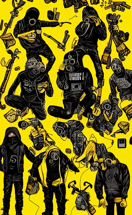 Image similar to saints gang, yellow red hoodie, group photo, punk art, warehouse, weapon, drugs, flex box position, yellow bandana, gasmask, saints mask, fiction, stability, intricate, elegant, 8 k, uhd, justify, artstation, concept art, matte, sharp focus, illustration, consistent, highly detailed object content, proportional object content