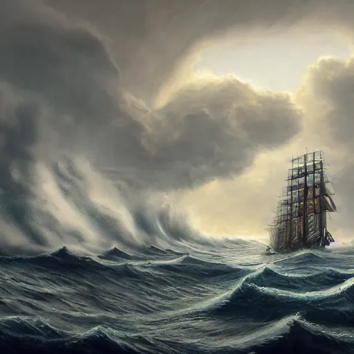 Image similar to A large ship sailing through stormy seas, with waves crashing against its sides, illustration, epic, fantasy, hyper detailed, smooth, unreal engine, sharp focus, trending on artstation