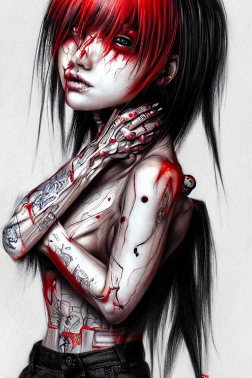 Prompt: gorgeous!! hyper - realistic demon girl with tan skin, short black hair, long bangs, red eyes, tattoos, cybernetic implants | wearing modern streetwear, techwear | intricate, digital painting, illustration, photorealistic, grunge, ultra graphics | drawn by wlop, drawn by jeehyung lee, drawn by argerm