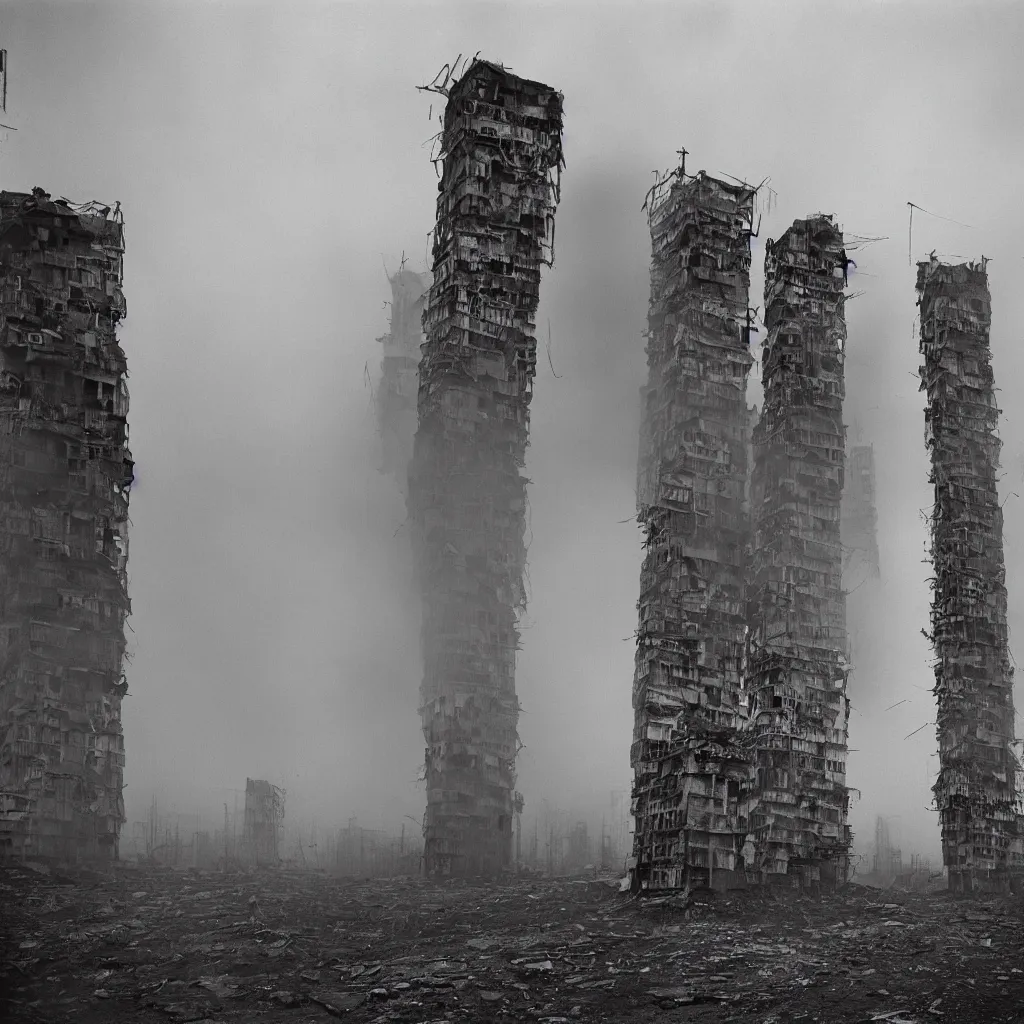 Image similar to tall towers, made up of makeshift squatter housing with faded colours, apocalyptic sky, misty, dystopia, mamiya rb 6 7, fully frontal view, ultra sharp, very detailed, photographed by andrei tarkovsky