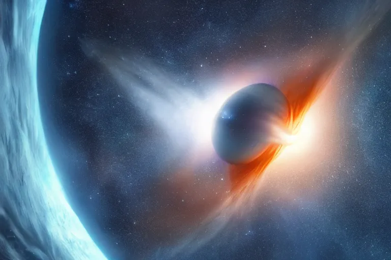 Prompt: a white dwarf orbiting a super massive black hole, cosmos, beautiful, fantasy, cinematic,