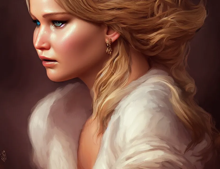 Image similar to Jennifer Lawrence, closeup, D&D, fantasy, intricate, elegant, highly detailed, digital painting, artstation, concept art, matte, sharp focus, illustration, hearthstone, art by Artgerm and Greg Rutkowski and Alphonse Mucha