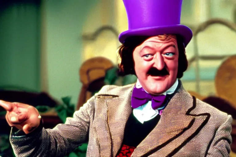 Image similar to Film still of Stephen Fry as Willy Wonka in Willy Wonka and the Chocolate Factory 1971