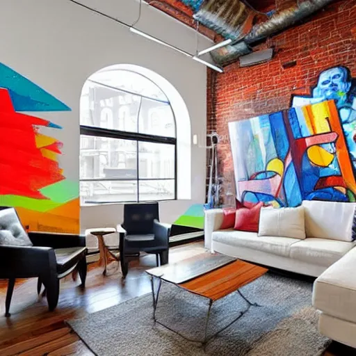 Image similar to trendy downtown loft with modern murals on the wall, modern art and patterns, interior design, beautiful architecture