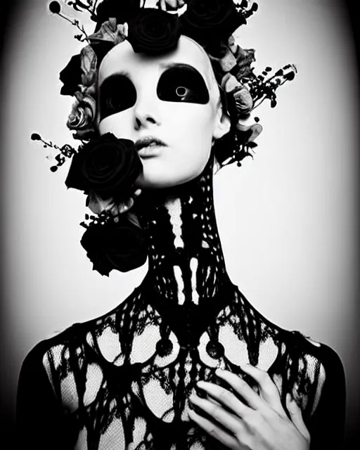 Prompt: dreamy surreal poetic black and white photo of a beautiful young female-cyborg-vegetal-robot with a very long neck and a super big gothic lace collar and a very high big floral crown with many black dry roses by Vivienne Westwood:: smoke, high fashion, haute couture, rococo, avant-garde, elegant, dreamy, hyper realistic, 150 mm lens, soft rim light, octane render, unreal engine, picture was taken in 1910 by Dora Maar, volumetric lighting, dramatic light,8k,