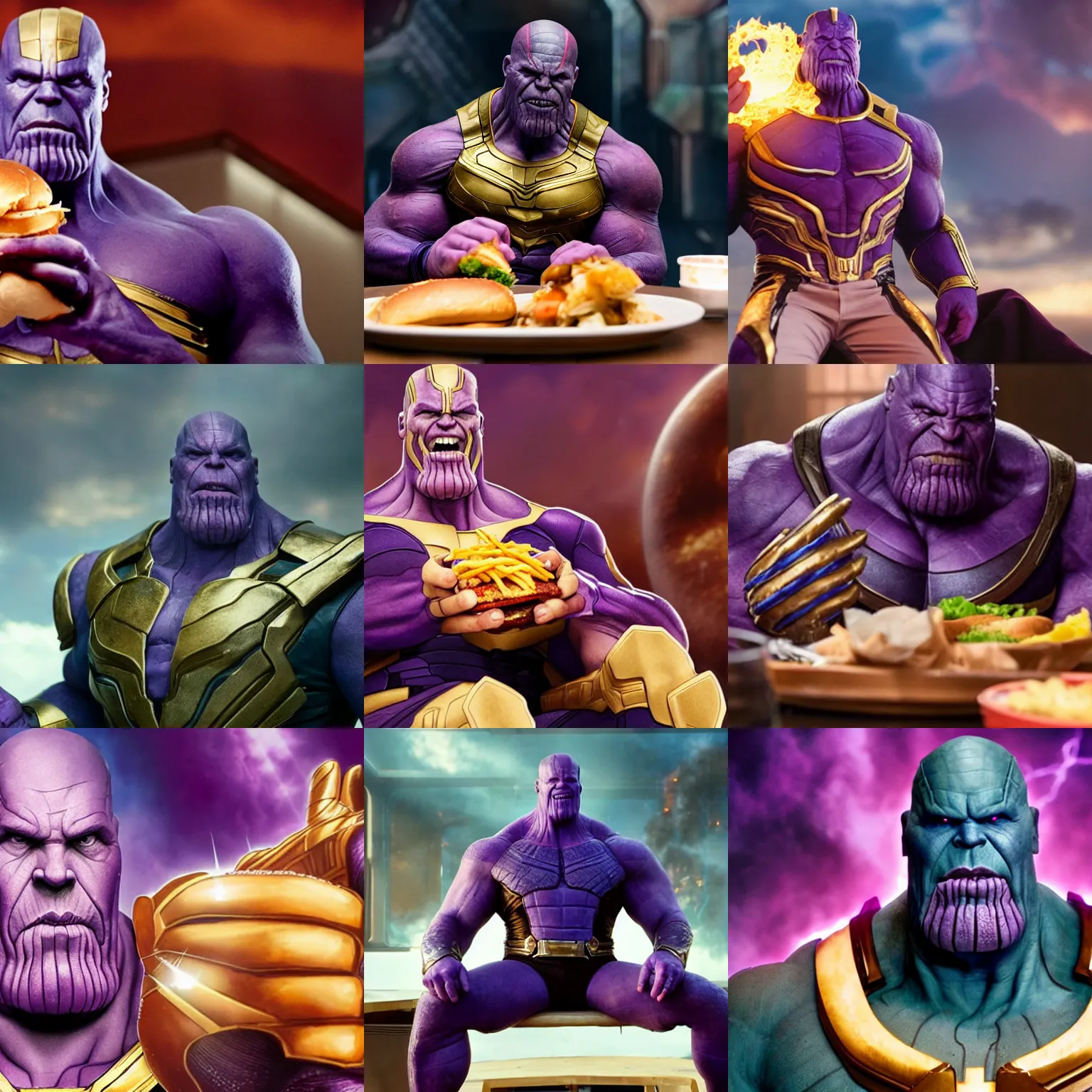 Prompt: Thanos from the MCU sitting down and eating a hamburger, photograph